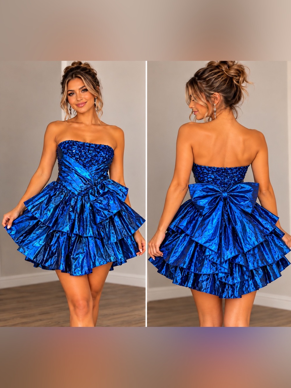 Strapless Royal Blue Mini Dress with Tiered Ruffles and Bow VINTAGE